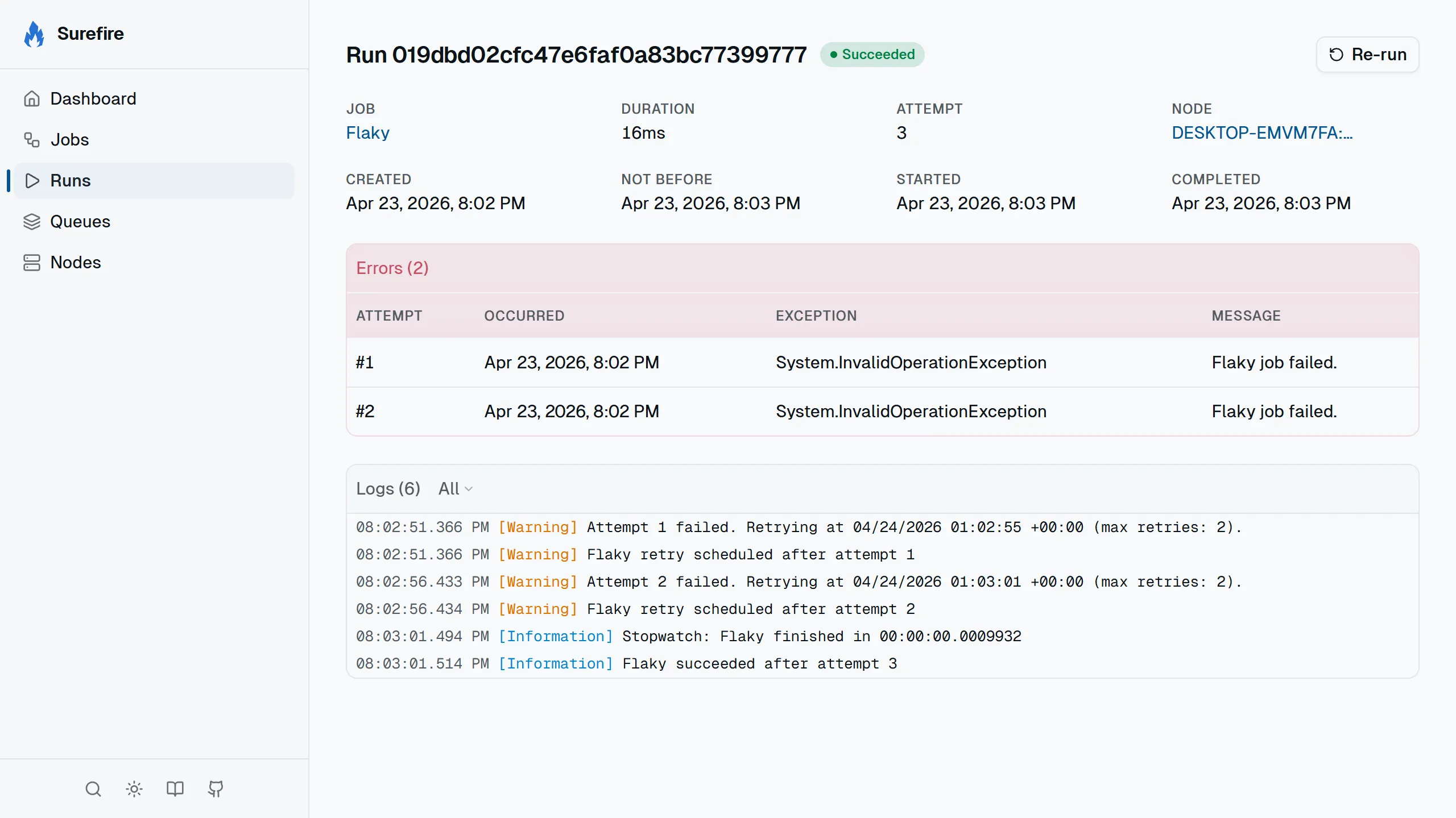 Run detail error