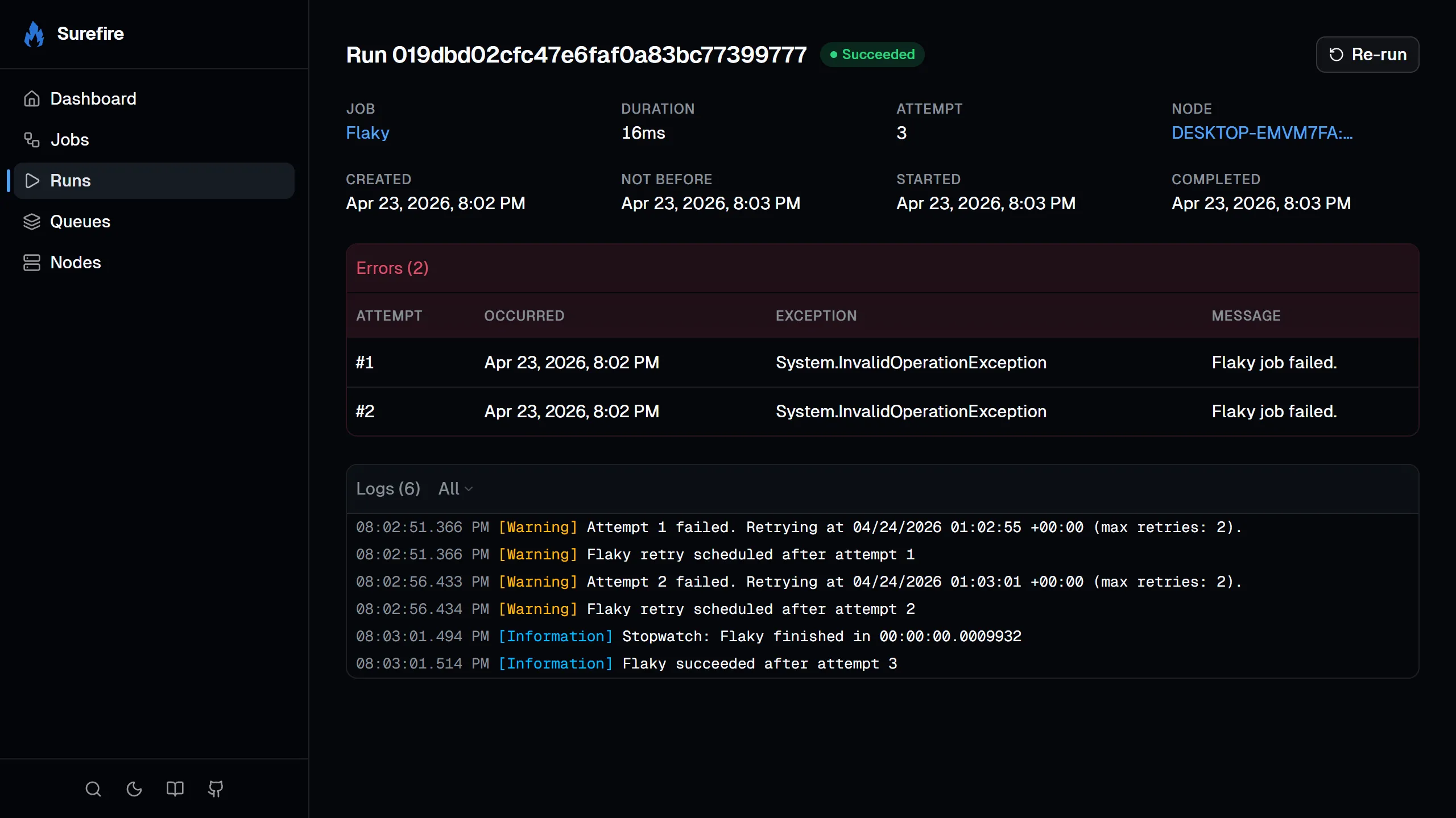 Run detail error